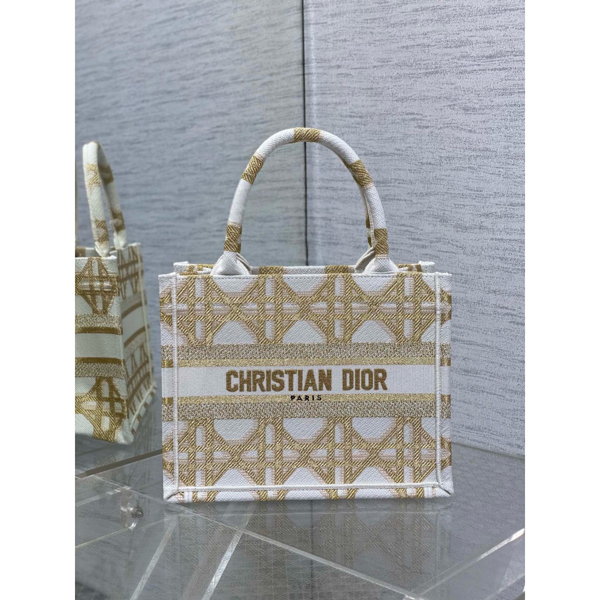 Dior Small Book Tote Bag in White and Gold Macrocannage Embroidery High Quality Replica