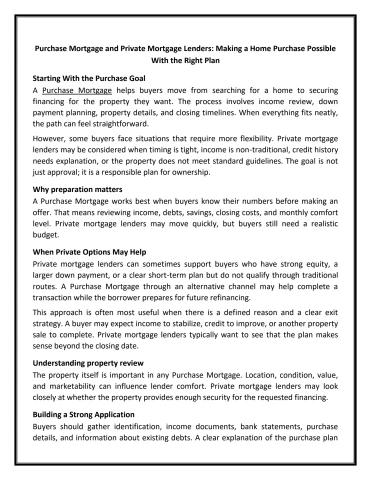 Purchase Mortgage and Private Mortgage Lenders Making a Home Purchase Possible With the Right Plan